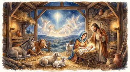Obraz premium Nativity scene with woman, man and child in stable. Watercolor illustration of holy birth with animals and angels under bright star. Religious celebration for Christmas holiday.
