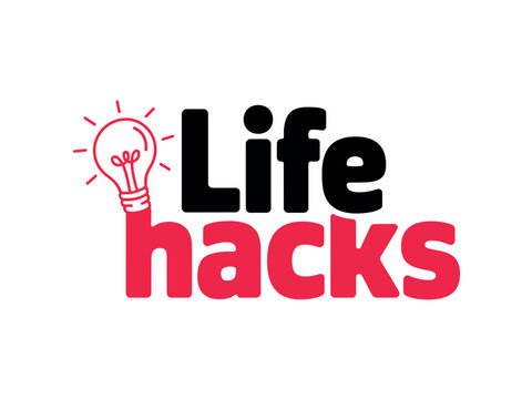 A logo for life hacks with a lightbulb on a white background