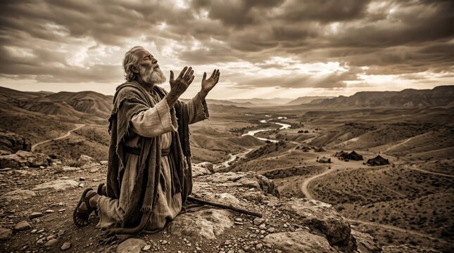Old man praying on mountain top. Spiritual prophet kneeling with hands raised toward sky in middle east landscape. Biblical scene of faithful elder seeking connection with divine god.