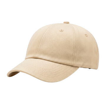 Plain beige baseball cap with flat brim and stitched details, isolated on transparent background.