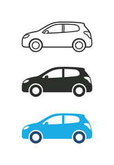 Fototapeta premium Set of three car icons in outline, solid black, and blue colors