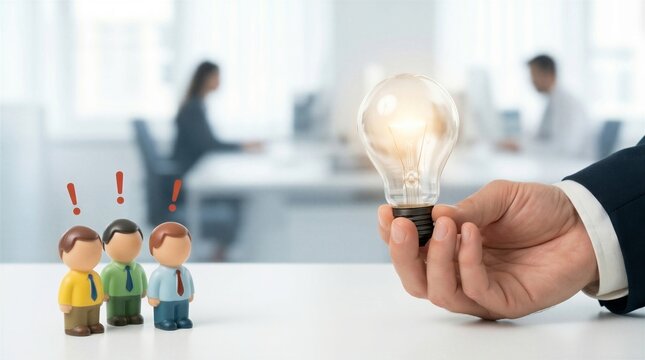 Hand holds a glowing light bulb while small figurines react with surprise in a modern office setting to represent a new business idea.