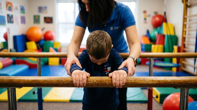 Physiotherapist supporting a child during physical therapy exercises on parallel bars. Rehabilitation session for a young boy to improve motor skills, balance and mobility, therapeutic care.
