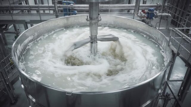 Medium shot of an open barium sulfate precipitation tank showing clear mixing of liquids with visible stirring action and particle formation in an industrial setting