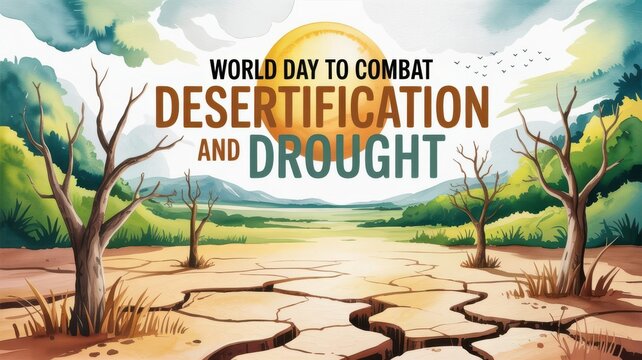 Illustration for World Day to Combat Desertification and Drought with dry cracked ground and leafless trees