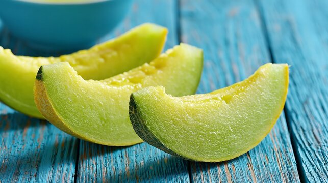 Sweet melon slices sit on a blue wood table.