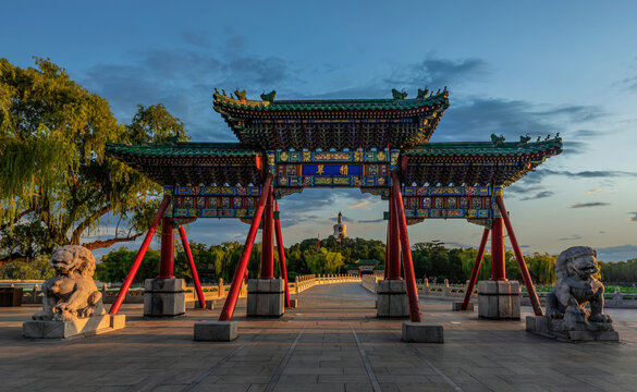 Traditional Chinese Archway in Beihai Park, Beijing at Sunset