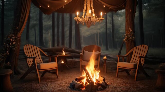 Cozy forest campfire scene with wooden chairs, chandelier, and string lights under a canopy, symbolizing warmth, connection, and tranquility.
