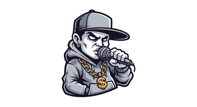 Cartoon male rapper mascot holding a microphone.