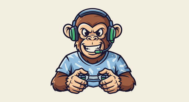 Cartoon monkey gamer mascot wearing headset and holding controller.