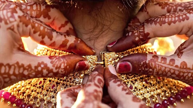 Hands with intricate henna designs fastening a traditional golden necklace around a woman's neck area
