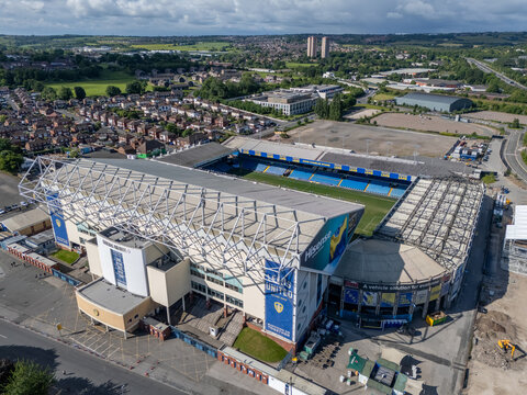 Leeds united football ground, Elland Road football stadium aerial view showing Leeds United football ground and surrounding urban landscape in Yorkshire, United Kingdom.