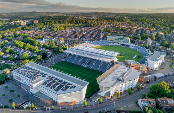 Leeds united football ground, Elland Road football stadium aerial view showing Leeds United football ground and surrounding urban landscape in Yorkshire, United Kingdom.