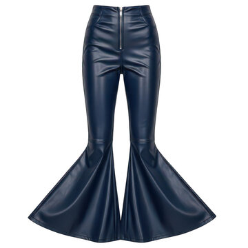 Stylish black faux leather flare pants with high waist and zipper closure on a transparent background.