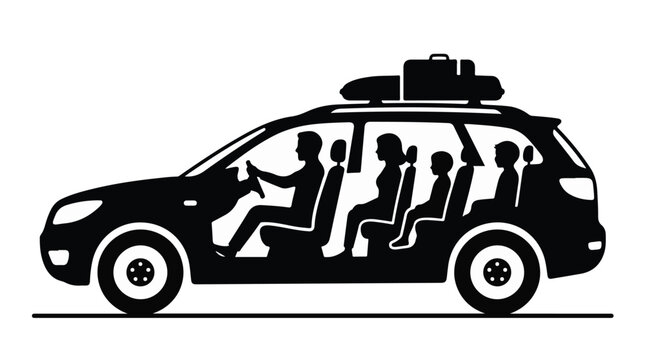 Black silhouette of family in minivan car with luggage on roof rack traveling together on road trip adventure