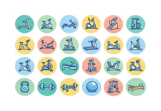 and Fitness center icons like treadmills, stationary bikes, rowing machines, and elliptical trainers on color badges. modern