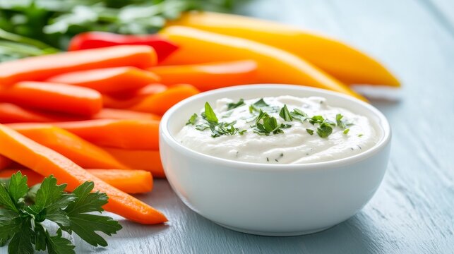 Close-up Creamy herb dip in white bowl with vibrant carrot and bell pepper sticks on blue wood. Fresh, healthy crudit&Atilde;&copy;s appetizer., Vegetables, Snack