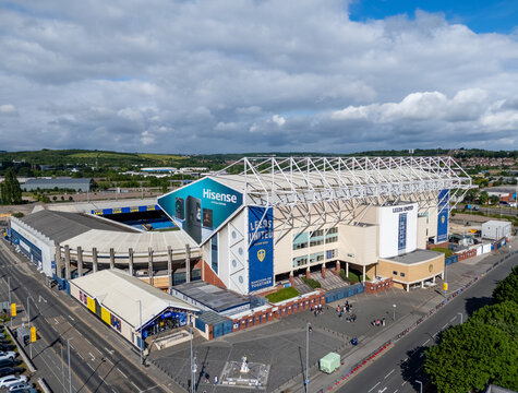 Leeds united football ground, Elland Road football stadium aerial view showing Leeds United football ground and surrounding urban landscape in Yorkshire, United Kingdom.