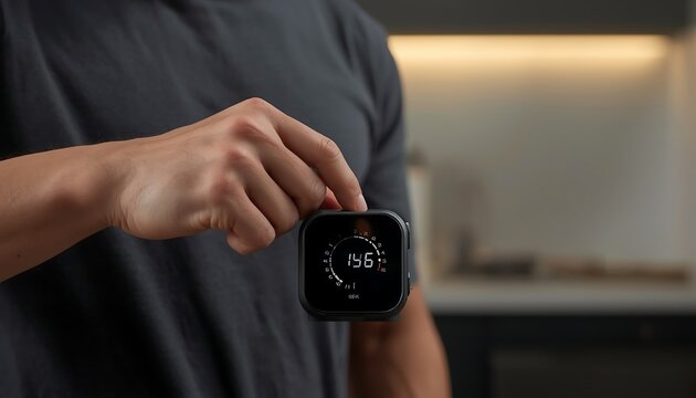 A person's hand holds up a modern digital meat thermometer displaying a temperature of 146 degrees Fahrenheit in a kitchen environment.