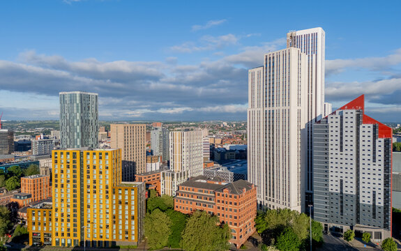 Leeds west Yorkshire. Leeds city centre, West Yorkshire, England. Aerial view of redevelopment and new buildings along the Inner Ring Road, showcasing urban growth, construction and regeneration.