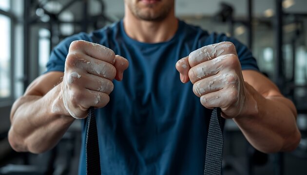 A muscular man with chalk-dusted hands holds black fitness straps, his arms flexed and ready for an intense workout in a gym.