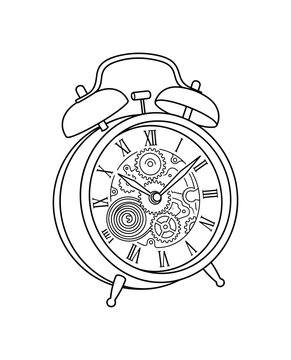 Alarm clock floating with its internal gears and springs partially visible in a dream, minimalist elegant black line art