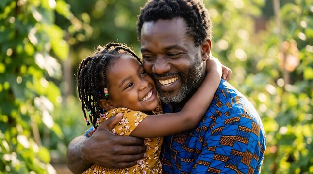 Joyful Black father and young daughter hugging warmly in a sunny garden, celebrating Father's Day, strong family bond, affectionate parenting, outdoor lifestyle portrait.
