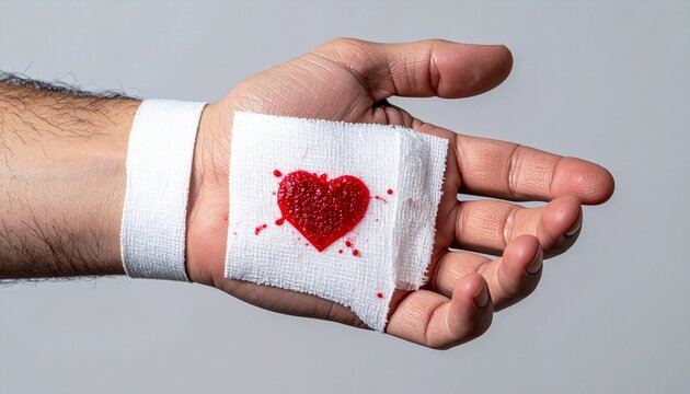Symbolic depiction of a bleeding heart on a gauze pad held in a hand with a bandaged wrist, conveying vulnerability and emotional pain