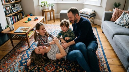 Obraz premium Joyful father playing with children and wife on living room rug, happy family bonding, laughing and tickling at home on Father's Day