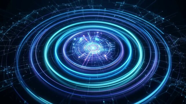 Futuristic technology abstract neon circle data network digital glowing cyber blue background wave flow sci fi energy light pattern radial artwork