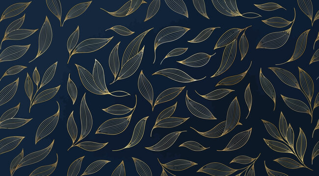 Seamless pattern with gold decorative leaves on dark blue background