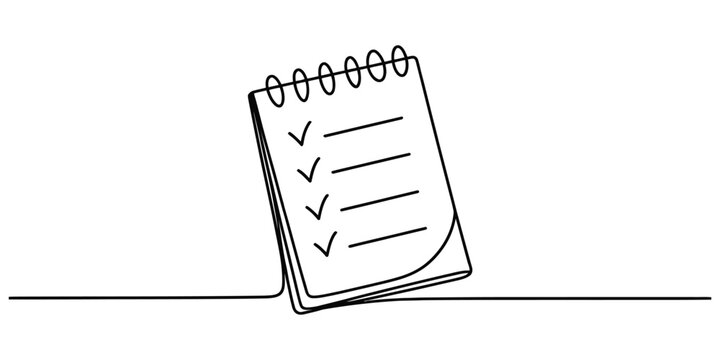 Continuous single line drawing of a spiral notepad with a completed checklist