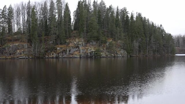 Rocky shoreline with dense coniferous forest on the opposite side of the water creating a peaceful northern landscape and untouched wilderness atmosphere
