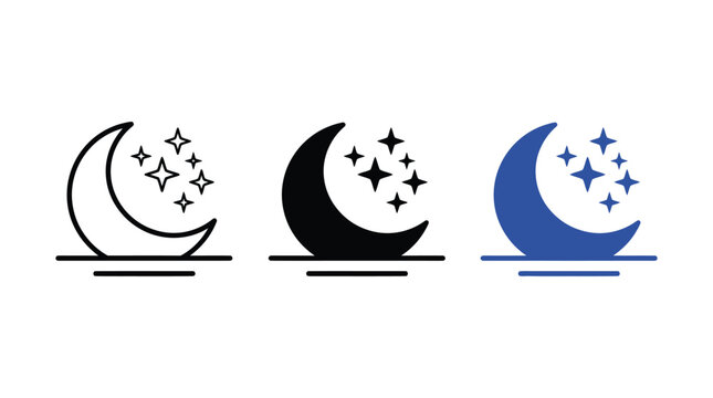 Crescent Moon Icons With Stars On White Background For Lunar Night Concepts