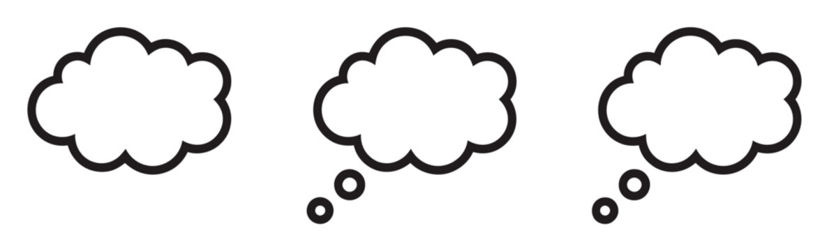 Thought bubble icon set for communication, idea expression, thinking process, and messaging interface design elements