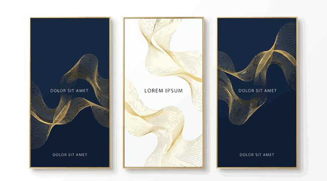 Set of luxury wall art with abstract golden wave lines on dark blue and