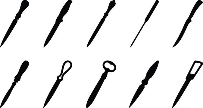 A versatile collection of essential kitchen tool silhouettes, featuring various knives and bottle openers, designed for culinary and household tasks and utility