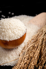 Uncooked White Rice in Wooden Bowl with Dried Rice Stalks © TrieuBao