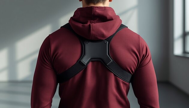 The back of a person wearing a maroon hoodie is shown, with a black postural support brace strapped across their shoulders and chest.
