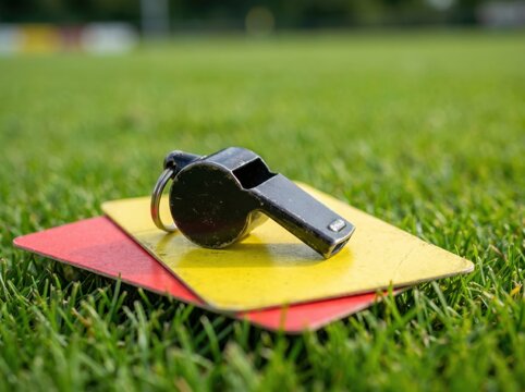 Professional soccer referee whistle lying on penalty cards on a green grass field with football, equipment