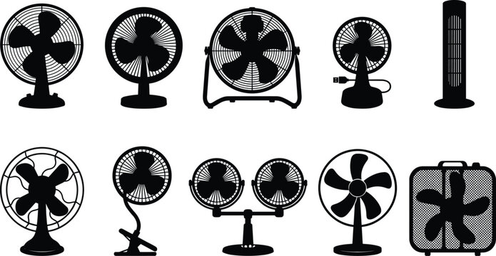 Collection of various types of electric fans displayed in a grid, showcasing desk, stand, and tower fan designs