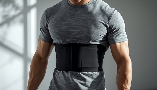 A muscular man with defined arms wears a gray t-shirt and a black waist trainer belt, showcasing his physique in a studio with dramatic lighting.