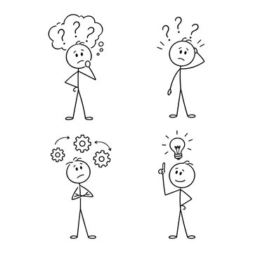Set of stick figure characters in different poses thinking and finding new creative ideas.