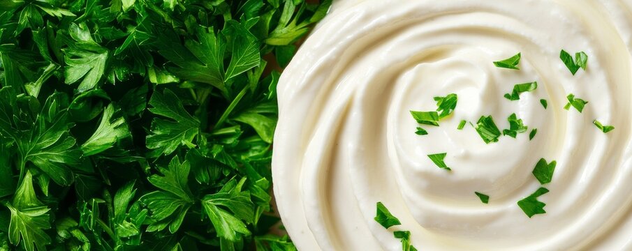 Overhead view Fresh green parsley contrasting with a creamy white sauce swirl, garnished with chopped herbs. A vibrant culinary pairing., Food, Ingredients