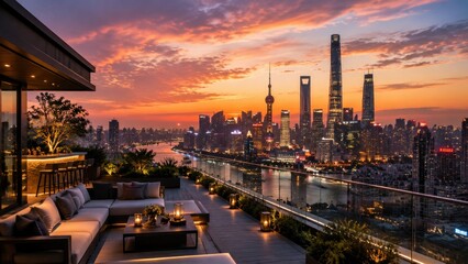 Naklejka premium Rooftop terrace overlooking city skyline at sunset