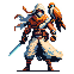 Obraz premium A pixel art character dressed in a robe and hood holds a sword in one hand while a bird perches on the other. The scene shows a mix of adventure and fantasy elements