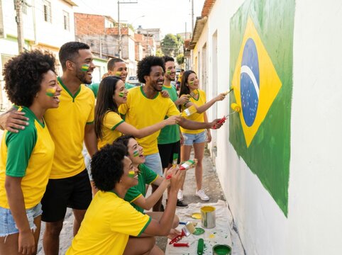 Group of friends painting the national flag on a wall to support their football team with painting, football
