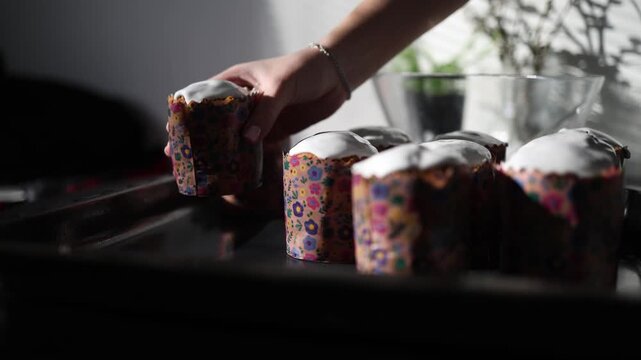 Female hands carefully place traditional easter bread onto a baking tray showcasing homemade baking traditions and festive holiday food preparation