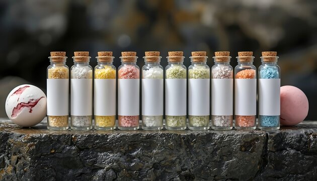 A row of small glass bottles filled with colorful bath salts and bomb materials are displayed on a rocky surface with two bath bombs.