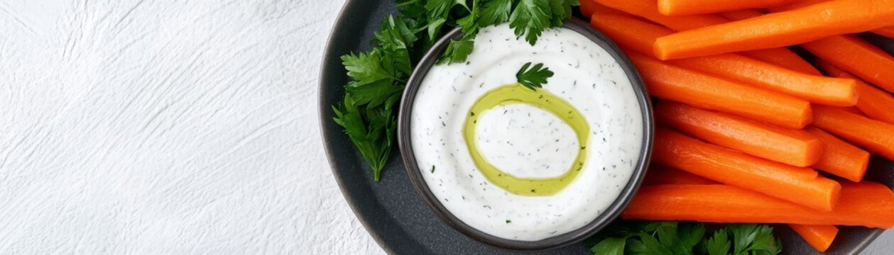 Vibrant carrot sticks and creamy herb dip with olive oil swirl, garnished with parsley on a black plate. Top-down shot with white texture. Healthy fresh appetizer. Healthy Food,